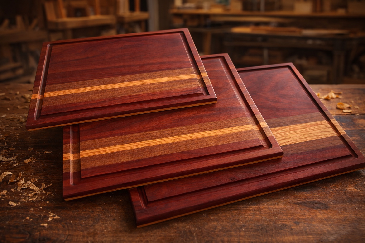 Oak, padauk and walnut chopping board with contrasting hardwood strips