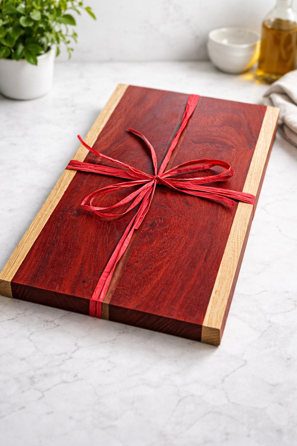 Oak and padauk serving board, handcrafted hardwood with warm contrast